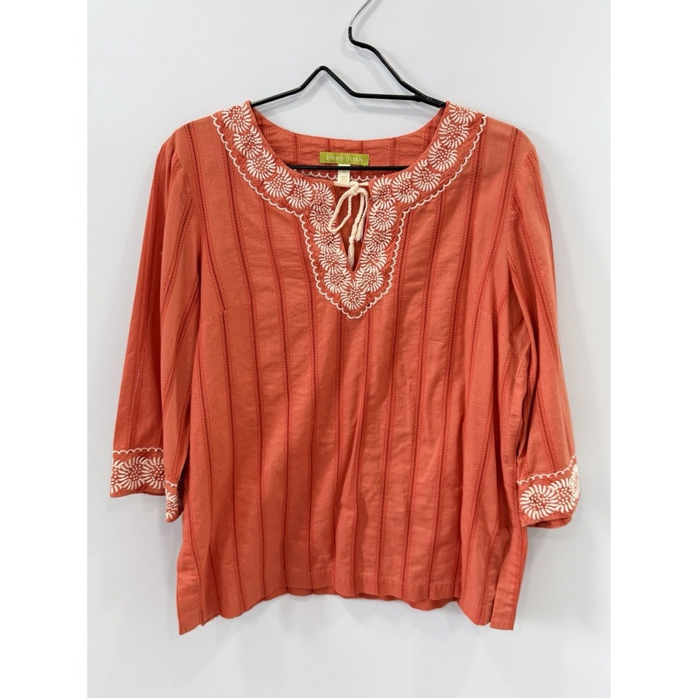 Sigrid Olsen Coral Embroidered Cotton Peasant Boho Top Medium Tunic Tee - Picture 3 of 10